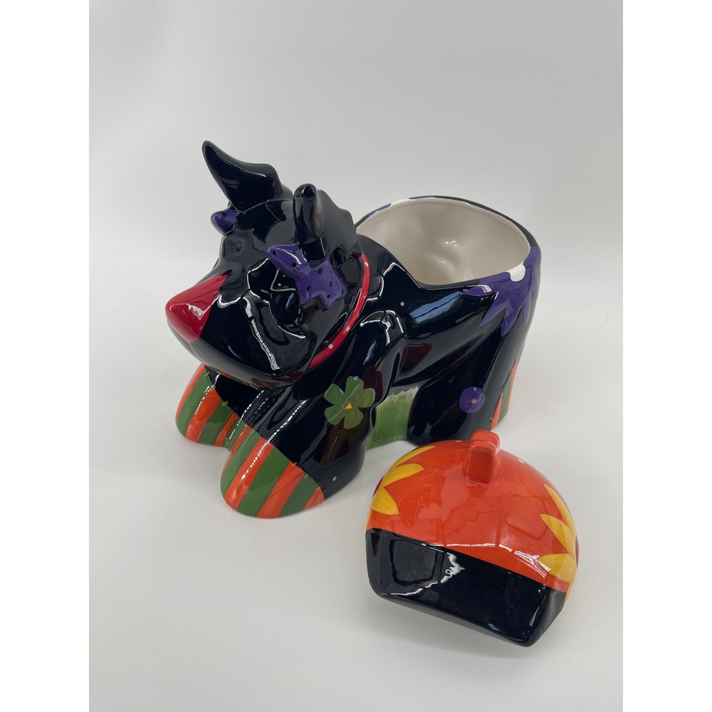 Vintage Scottie Dog Ceramic Cookie Jar Multi-Color Scottish Terrier Folk Art
